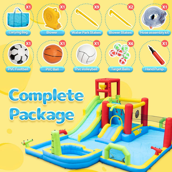 Inflatable Water Slides Park, Large Water Castle for Kids Fun Outdoor Jumping Inflatable Bouncers with Extra Large Pool and 2 Slides, 3 Types of Ball Games, Easy to Set up with Air Blower
