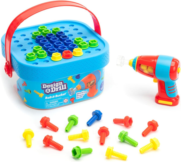 Design & Drill Bolt-It Bucket - Construction Toys & Toddler Tools, Kids Tool Set with Real Electric Drill Toy, Take Apart STEM Set, Building Kits and Gifts for Ages 3+