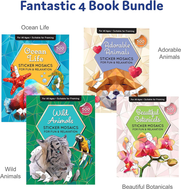 Sticker by Number Book Set for All Ages, Sticker Mosaics for Fun and Relaxation, Sticker Books for Adults with Tear-Out Pages Featuring Animals, Ocean Life, and Plants (Set of 4 Books)