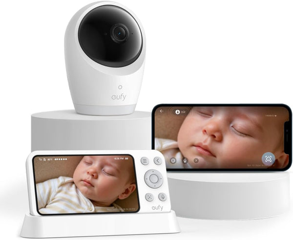 Baby Monitor E21 with 4K UHD Camera, 5'' 720P Display, 8X Zoom, Hybrid Wi-Fi and No Wi-Fi Connection, 24/7 Recording in App, Pan-Tilt, Portable Camera with Built-In Battery, ANR