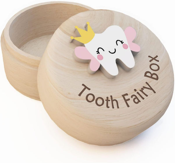 Tooth Fairy Box for Girls, Cute Carved Wooden Box with 3D Tooth, Stores Lost Teeth for Kids, Souvenir Dropped Tooth Keepsake Storage Box Gift for Little Girl（P-Wings-T）