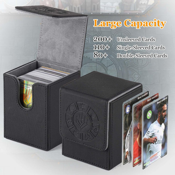 Card Deck Box, 110+ Storage MTG Deck Box with 50 Pcs Card Sleeve, Collectible Trading Card Cases for Magic Commander and More (Black)