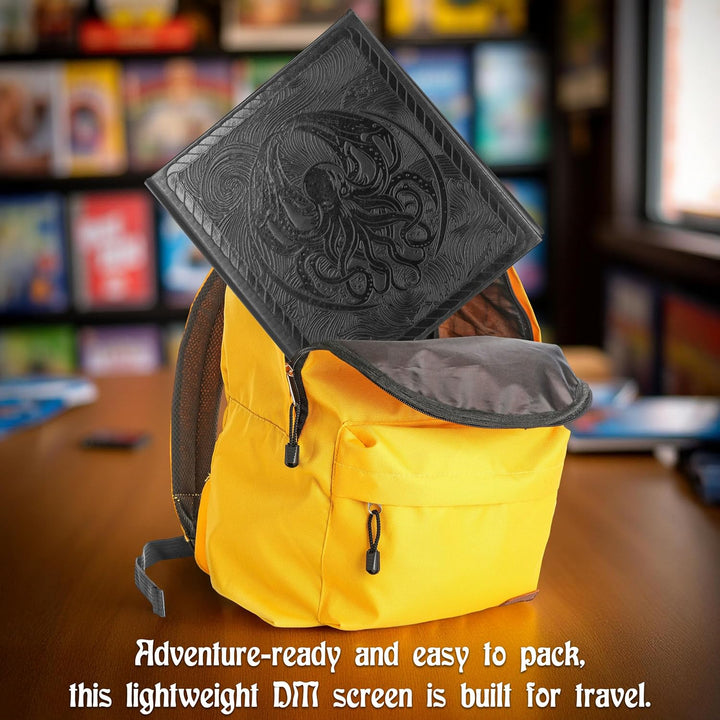 DM Screen – 3-Panel Travel-Ready Dungeon Master Screen with Transparent Pockets, PU Leather GM Screen, Wet-Erase Compatible, Compact Size for Portable Tabletop RPG Campaigns