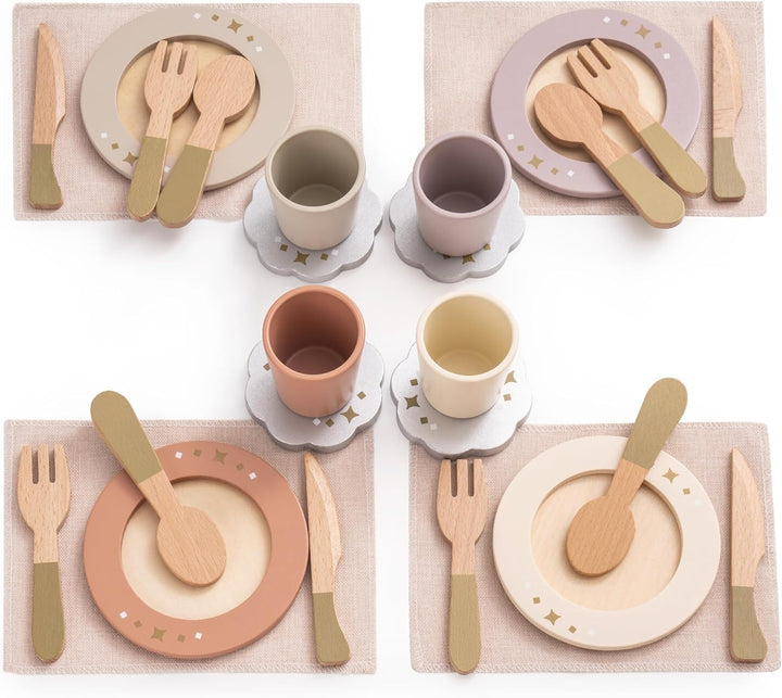 4-Set Wooden Play Dishes Set - Montessori-Inspired Play Food Accessories for Kids, Pretend Play Kitchen Set for Toddlers, Role Play Gift for Boys and Girls