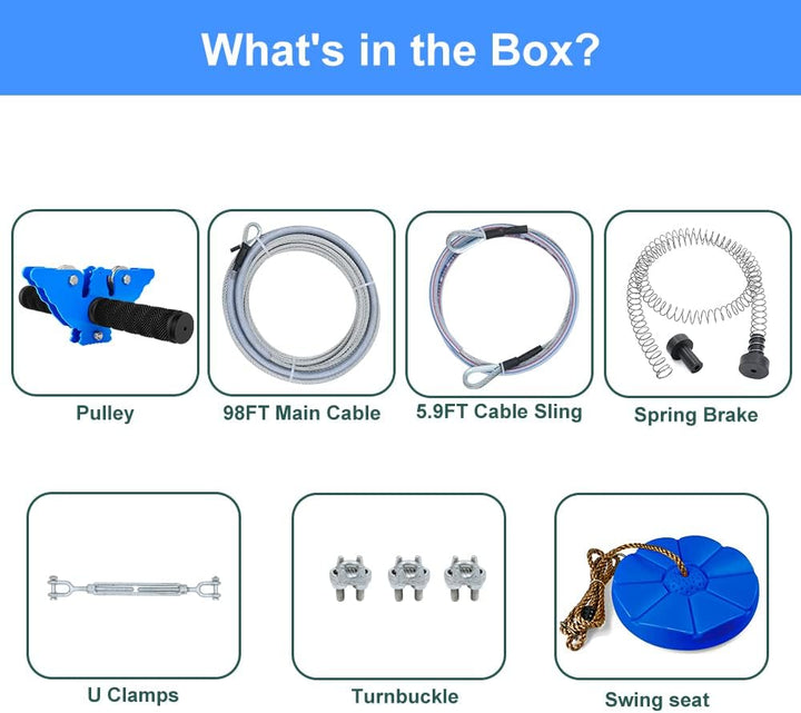 Zip Line Kits for Backyard 98FT, Zip Lines for Kid and Adult, Included Swing Seat, Ziplines Brake, and Steel Trolley, Outdoor Playground Equipment