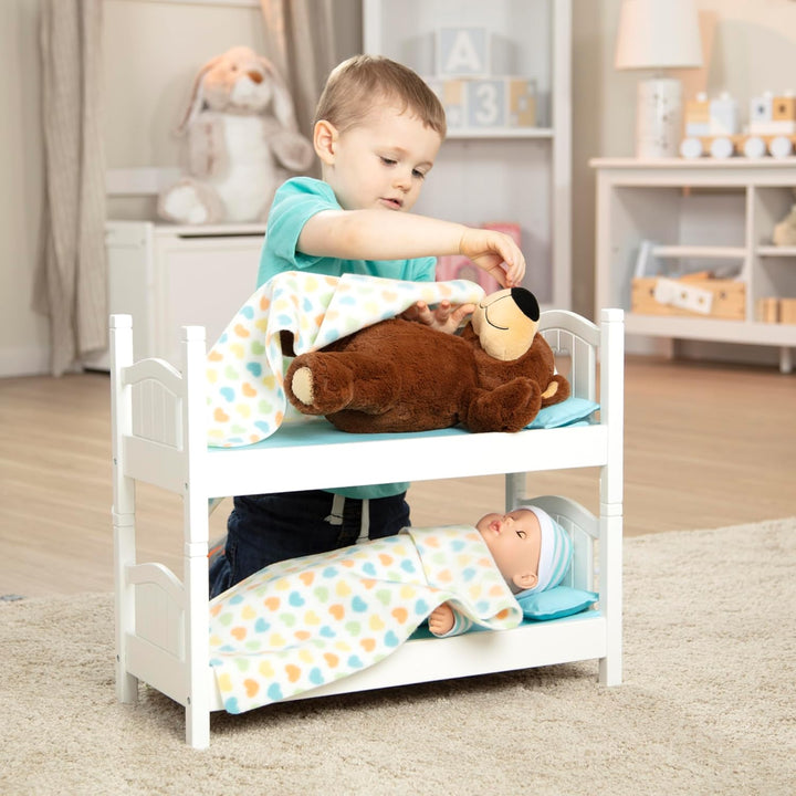 Mine to Love Wooden Play Bunk Bed for Dolls up to 18 Inches-Stuffed Animals - White (2 Beds, 17.4”H X 9.1”W X 20.7”L Assembled and Stacked)