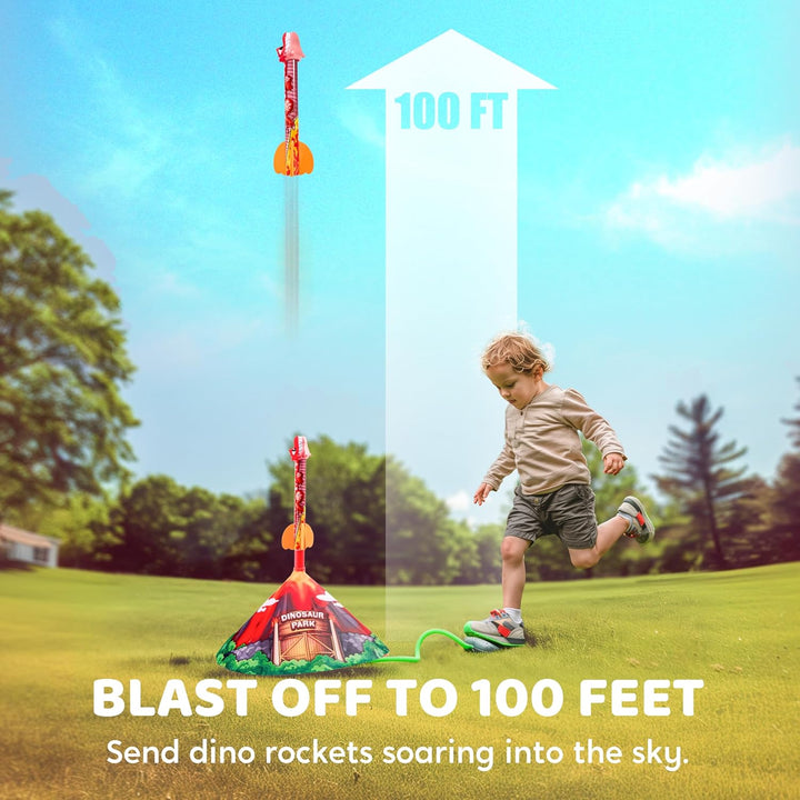 Dinosaur Toy Rocket Launcher for Kids, 6 Dinosaur Foam Rockets, Launch up to 100 Ft, Family Fun, Birthdays, Gift for Kids Boys 3 4 5 6 7 8 Years Old