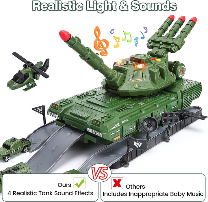 Tank Toys for 3 4 5 6 7 8 Year Old Boys - Army Toys Tank with 6PCS Alloy Die-Cast Army Vehicles, Kids Military Tank with Light, Sound & Missiles Shooting, Christmas Birthday Gift for Kids