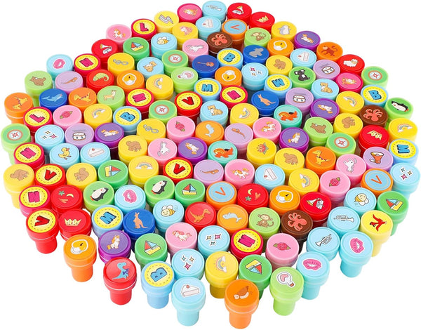 150 Pcs Assorted Stampers for Kids Cute Mini Self Inking Stamps Kids Printing Supplies Birthday Party Favors for Crafts Classroom Prize, Animals, Fruits, Food, Human Tasks