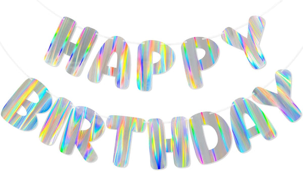 Iridescent Happy Birthday Banner, 9Ft Pre-Strung Holographic Birthday Decorations Vibrant Party Sign with Aurora, Rainbow Effects