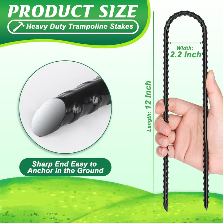 12 Pack Trampoline Stakes Anchors High Wind, 12 Inch Ground Anchors Heavy Duty, Trampoline Tie down Anchor Kit, Ground Stakes Galvanized Steel, U Shaped, Black