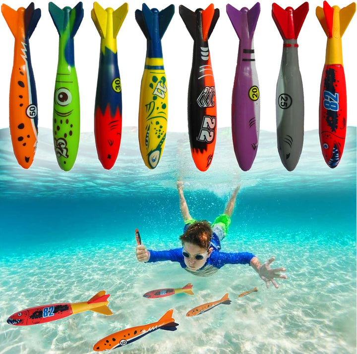 Pool Toys Torpedo Diving Set – 8-Pack Dive Torpedos for Kids & Adults | Fast-Sinking Pool Torpedos for Swim Training, Underwater Games & Water Play | Gliding Diving Torpedo Rockets
