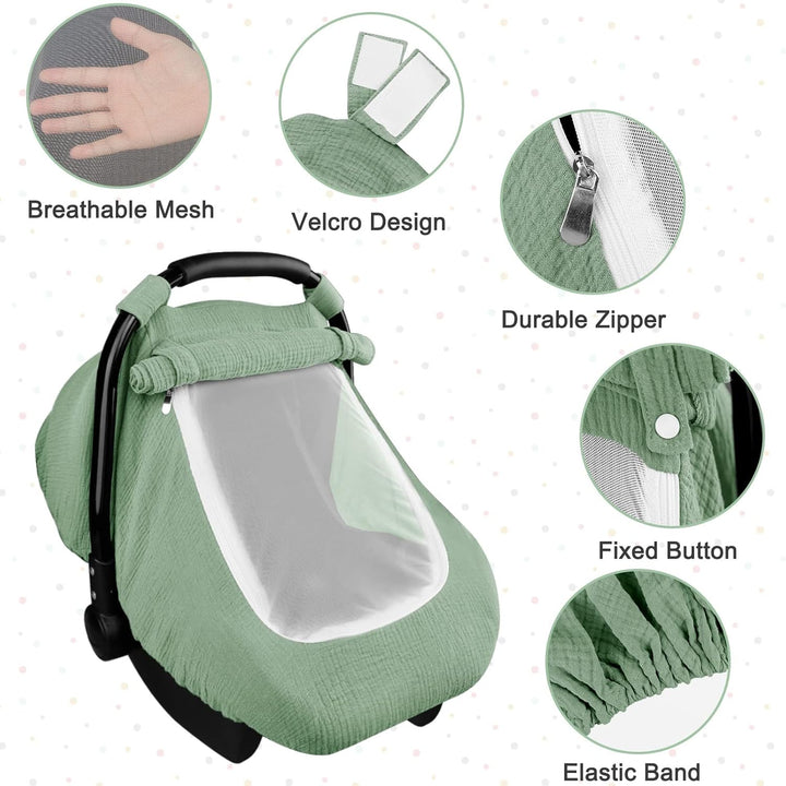 Muslin Car Seat Covers for Babies, Summer Baby Car Seat Cover for Boys Girls with Breathable Window, Lightweight Infant Car Seat Canopy, Green