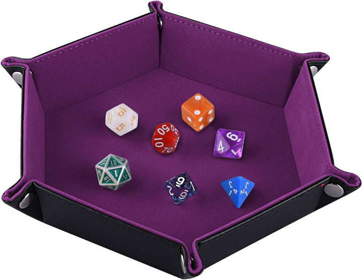Double Sided Dice Tray, Folding Hexagon PU Leather and Velvet Dice Holder for Dungeons and Dragons RPG Dice Gaming D&D and Other Table Games, Dark Violet