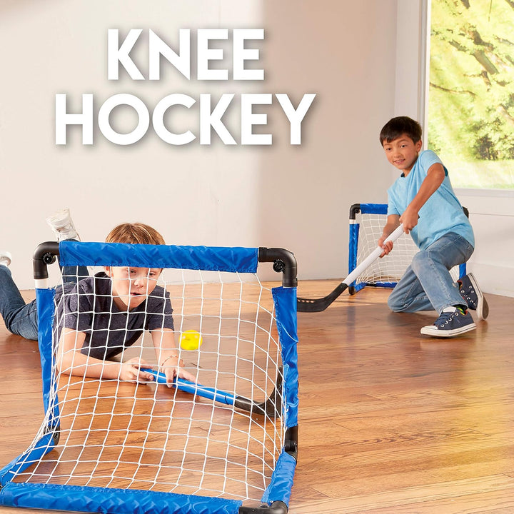 Indoor Mini Goal Sports Set - 3 in 1 Kids Indoor Goal Set - Indoor Mini Floor Hockey, Knee Hockey, and Mini Soccer Set for Kids, Blue, 22 X 17.5-Inch