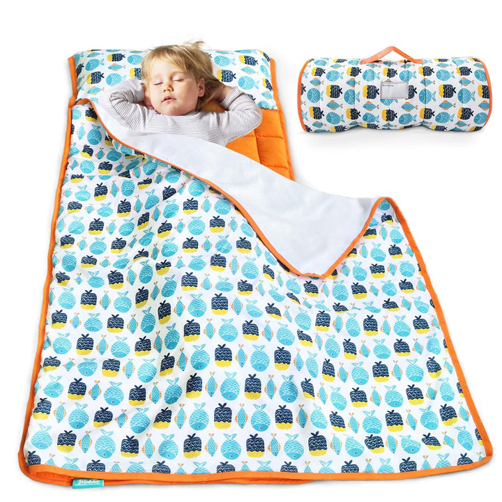 Toddler Nap Mat with Pillow and Blanket, Cot Nap Mats for Daycare Preschool Kindergarten, Lightweight Portable Travel Sleeping Bag for Kids, Super Soft & Cozy, Navy Cloud, 50" X 21"