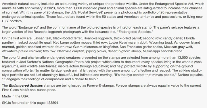 Endangered Species (Sheet of 20) Postage Forever Stamps US Postal First Class Animal Bird Fish Duck Wildlife Habitat Announcement Celebrate Anniversary Wedding 2023 Scott #5800