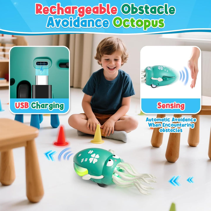 Dancing Octopus Baby Toy, Electric Crawling Octopus Tummy Time Toy, Rechargeable Magic Dancing Music Squid Baby Toys for 3 4 5 Year Old Kids Boy Girl Birthday Gifts Christmas Stocking Stuffers(Green)