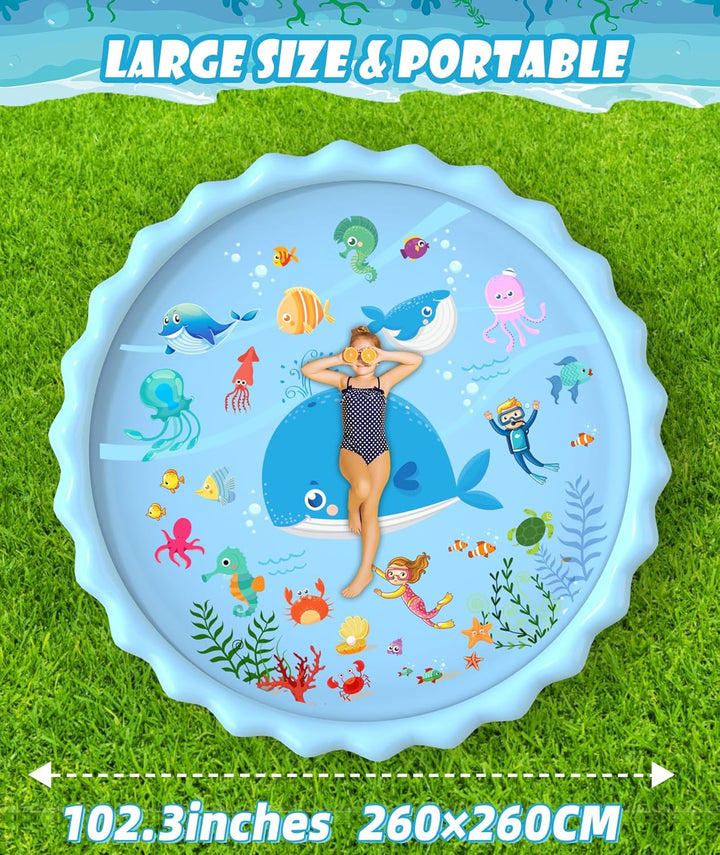 Splash Pad, Extra Large Sprinkler Play Mat Fun for Kids, Thicker Summer Outdoor Water Toys Toddler Pool for 3-12 Years Old Children Boys & Girls (102.3")
