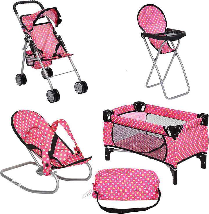 4 Piece Baby Doll Play Set Flower Design Includes - Foldable Pack N Play, Baby Doll Stroller, Baby Doll High Chair, Infant Seat, Fits up to 18'' Doll 4 Piece Doll Accessories Set