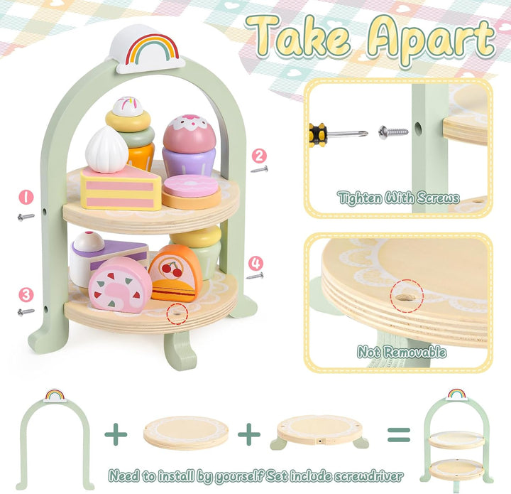 Wooden Tea Party Set for Little Girls Toddler Tea Set with Cupcake Stand & Food Dessert, Play Kitchen Accessories for Toddlers 2 3 4 5 6 Years Old, Wooden Toys Birthday Kids Girls Gifts 3-6