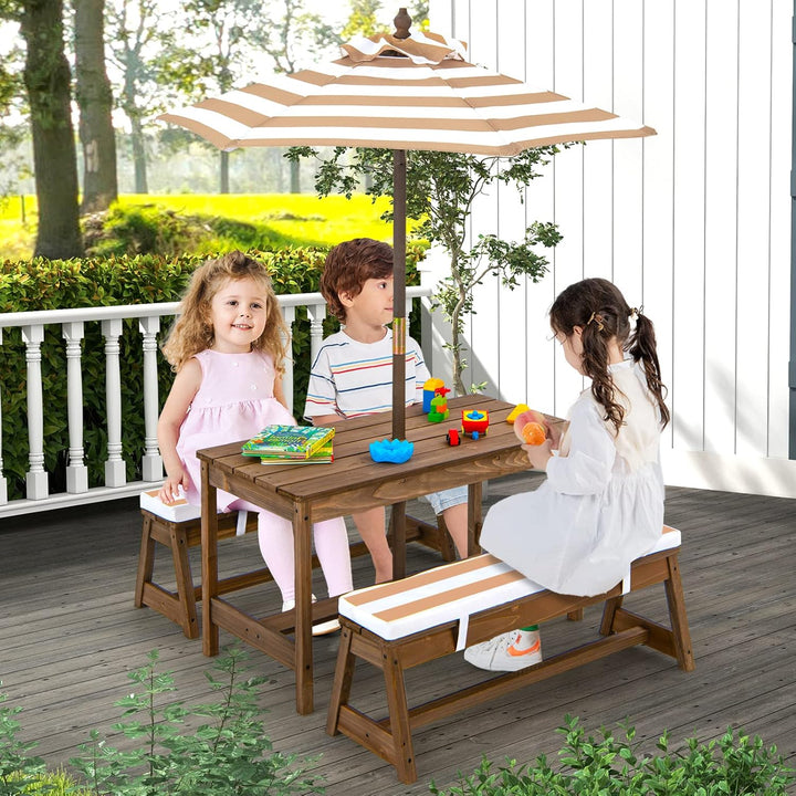 Kids Picnic Table, Toddler Wood Table & Chair Set W/Cushions, Height Adjustable Umbrella, Children Activity Table Outdoor Furniture Set for Patio, Garden, Backyard, Gift for Ages 3-8 (Coffee)