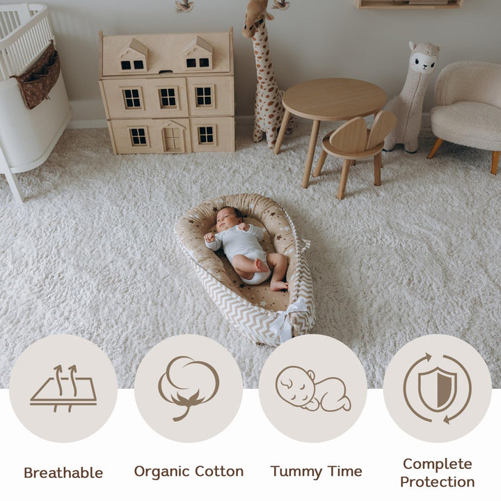 Aila + Aiden Baby Lounger | Organic Cotton Infant Lounger | Reversible, Adjustable & Portable Floor Lounger | Soft, Breathable, Washable Cover- Star Collection (Tan)