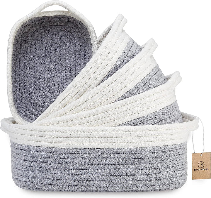 5-Piece Rectangle Storage Basket Set- Natural Cotton Rope Woven for Organizing! Small Basket for Montessori, Baby Nursery, Dog Toy Baskets, Cat Toy Box, Bathroom Organization Bin