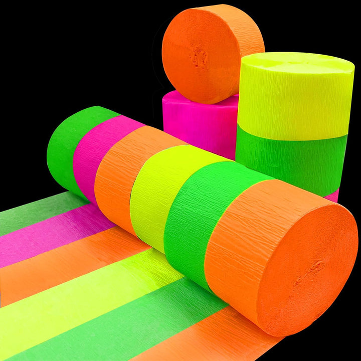 600 Feet Glow Crepe Paper Streamers UV Glow Party Neon Streamer Decorations Glow in the Dark Black Light Reactive Fluorescent Neon Paper Party Streamers Wedding Birthday Blacklight Party Supplies