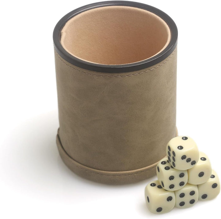 Dice Cup Set PU Leather and Felt-Lined, Quiet Shaking for Yahtzee Farkle Liars Dice Games, Includes Six 16Mm Regular Dice