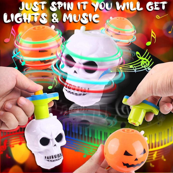 Halloween Basket Stuffers for Kids, 3PCS LED Pumpkin Skull Light up Spinning Tops Halloween Spinning Toys Gifts for Halloween Party Favors Goodie Bag Fillers Classroom Rewards
