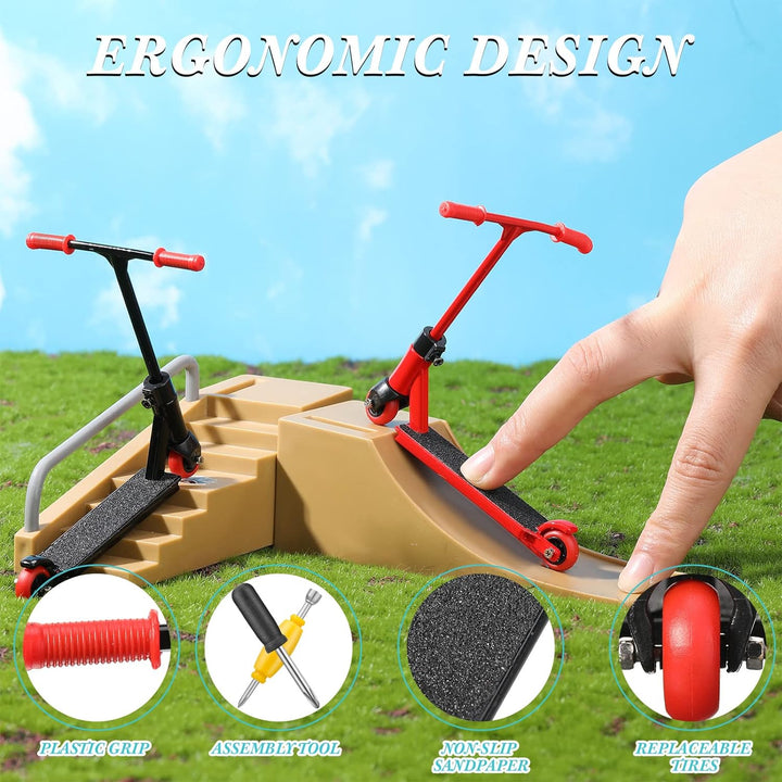 22 Pcs/ 2 Sets Finger Scooter Toy Mini Scooters Finger Board Accessories with Pants and Tools, Alloy Interactive Toys for Skateboarder(Red, Black)