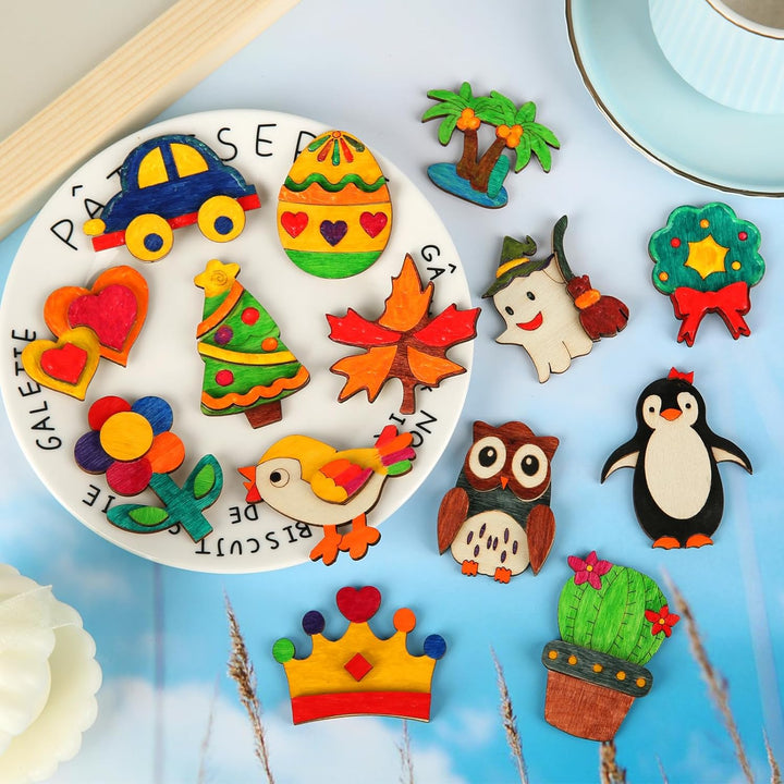 48 Pcs DIY Wooden Magnets, Wooden Art Craft Supplies Painting Kit for Kids Ages 4-8 8-12 Glow in the Dark Party Favors Goodie Bag Stuffers Birthday Gifts Toys for Boys Girls