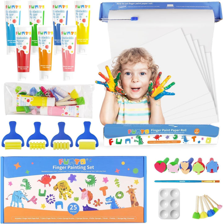Kids Washable Finger Paint Set, 25 PCS Non Toxic Art Painting Supplies for Baby, Includes Finger Paint Paper Roll, Brush Set, Arts Crafts for Toddlers Age 1-3