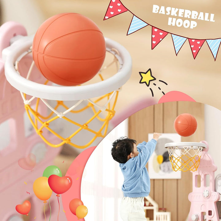4-In-1 Kids Slide and Swing Set, Toddler Slide with Basketball Hoop, Swing, Outdoor Indoor Playground for Toddlers 1-3 (4 in 1-Pink)