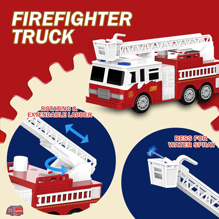 4 Packs Fire Truck Toy, Ambulance, Police Car, and Helicopter, Emergency Vehicle Truck Toy Set with Lights and Sounds, Friction Powered Car Toy for Toddler Boys 3 4 5 6 Years Old