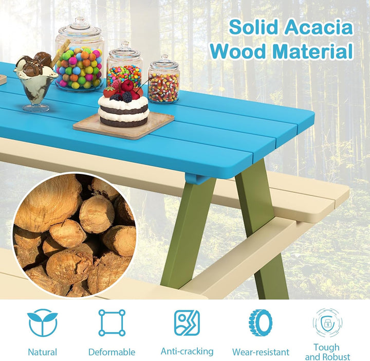 Kids Picnic Table, Acacia Wood Kids Outdoor Table with Benches, Toddler Patio Furniture Set for Backyard, Garden, Lawn, Gift for Boys Girls 3+ (Green)