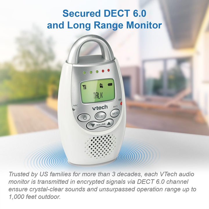 Communications DM221 Audio Baby Monitor with up to 1,000 Ft of Range, Vibrating Sound-Alert, Talk Back Intercom & Night Light Loop, White/Silver