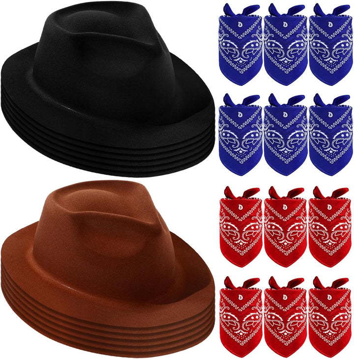 24 Pieces Western Cowboy Hat Set, Felt Cowboy Themed Party Hats with Paisley Bandanas for Kids Costume Party(Brown, Red, Blue)