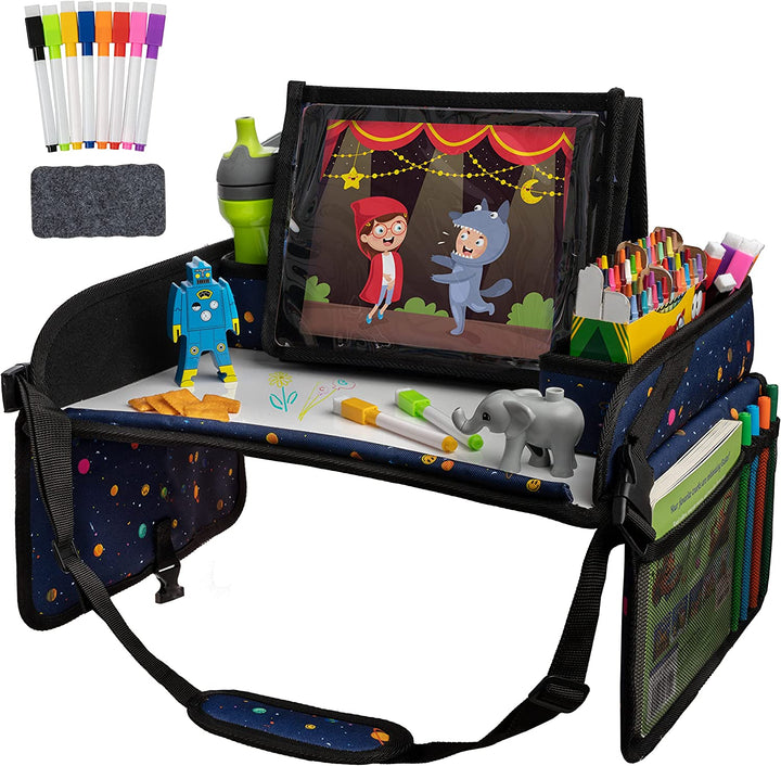 Car Seat Tray for Kids Travel - Black 600D Oxford Lap Desk Organizer with Dry-Erase Surface, Tablet Stand, Snack Holder & Cup Holder - Travel Tray for Kids Car Seat