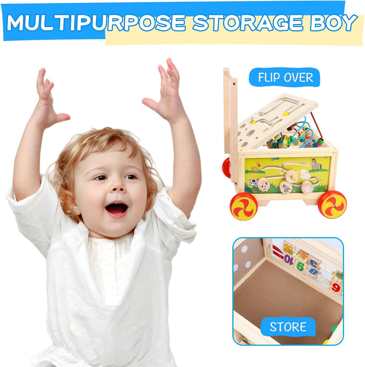 Wooden Activity Cube 7-In-1 Montessori Toy Multipurpose Educational Learning Toy for 1+ Year Old Baby Toddler Kid Boy First Birthday Gift Bead Maze Gear Number Animal Board Carrots Harvest Game