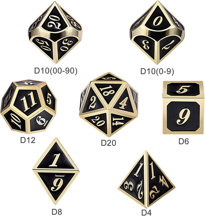 Metal Dice Set D&D, 7 Die Metallic Polyhedral Dice Set with Gift Metal Box and Gold Number for DND Dungeons and Dragons Role Playing Games (Black and Gold)