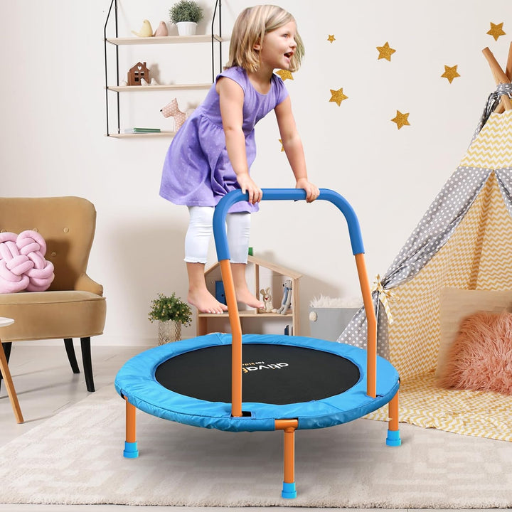 36Inch Mini Toddler Trampoline for Kids Ages 2-6 Indoor Outdoor Folding Small Rebounder Trampoline with Foam Handle Safety Padded Cover Fun for Kids