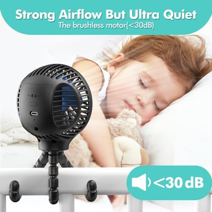 Portable Stroller Fan, USB or Rechargeable Battery Operated with 3 Speeds and 360°Rotate, Cooling Clip on for Baby Crib Travel Car Seat Black