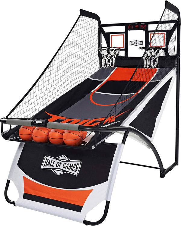 EZ Fold Premium Indoor Arcade Basketball Game with Steel Frame and Polycarbonate Backboard, Dual Shot Electronic Scoring with 6 Size 3 Balls Included, Perfect for Basement Game Rooms