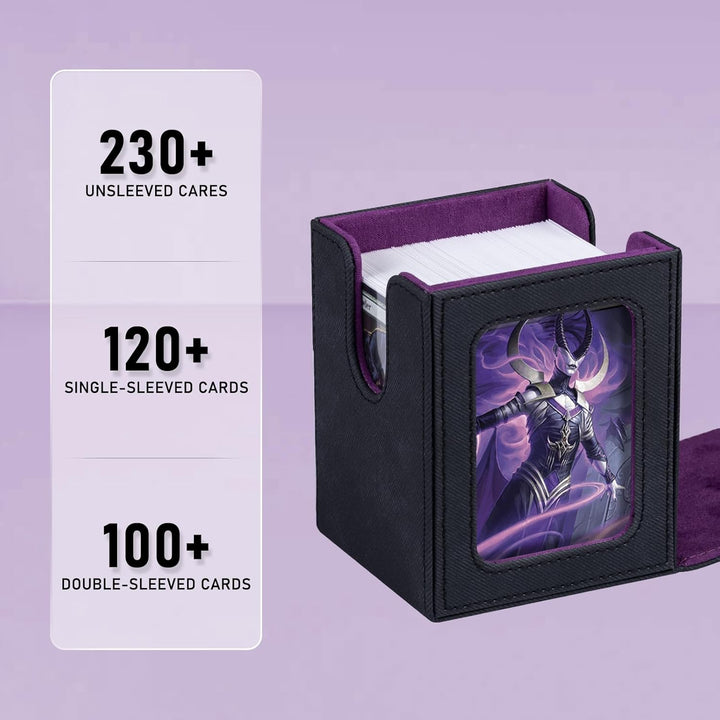 Card Deck Box for MTG with Commander Display for 100+ Double Sleeved Cards, Magnetic Card Storage Box Fits for TCG Sports Trading Cards (Black&Purple)