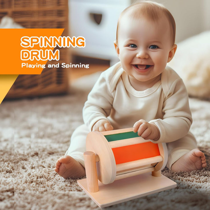Montessori Toys for Babies 0-6 Months, 6 in 1 Learning Educational Set for for Newborn, Toddlers Gifts Includes Spinning Drum, Object Permanence Box, Baby Roller Tummy Time Mirror and More