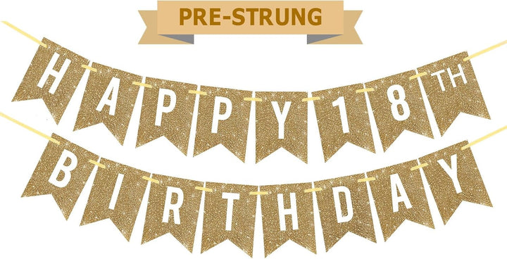 Pre-Strung Gold Happy Birthday Banner Decorations,12 Ft No DIY Gold Glitter Birthday Party Banner Sign Decor for Women Men Girl Boy Party Supplies