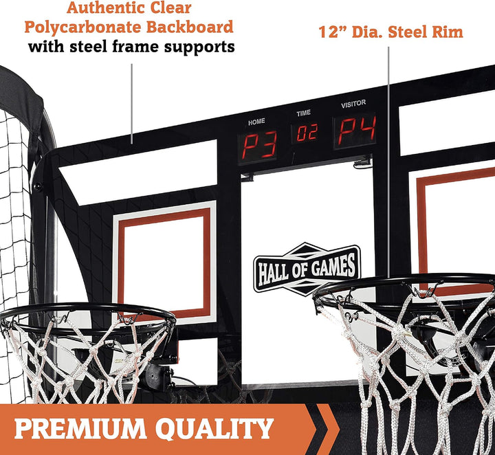 EZ Fold Premium Indoor Arcade Basketball Game with Steel Frame and Polycarbonate Backboard, Dual Shot Electronic Scoring with 6 Size 3 Balls Included, Perfect for Basement Game Rooms