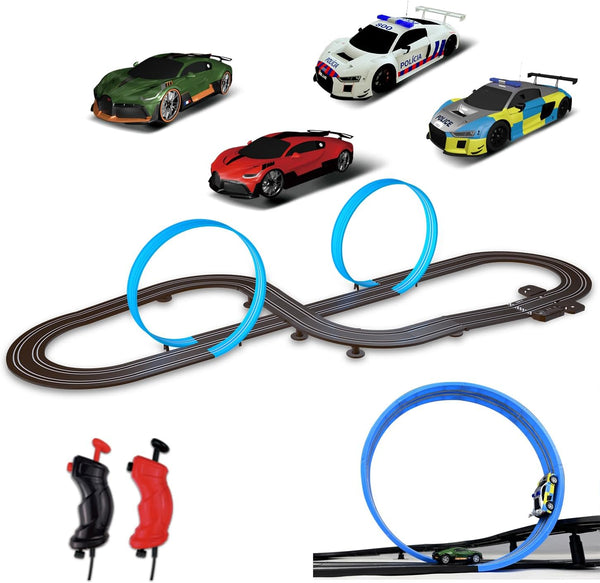 Slot Car Race Track Set, High Speed Series Tram Dual Track Set with 4 Licensed Racing Slot Cars, 2 Hand Controls, Track Parts and Lap Counter, 5.7M Long Track, Black